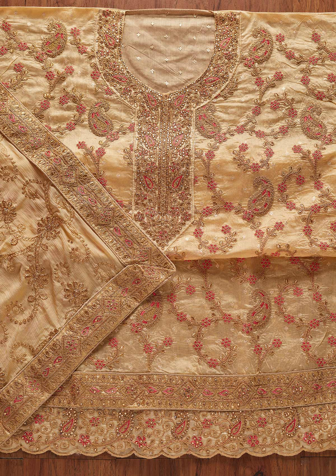 Gold Stonework Chanderi Designer Unstitched Salwar Suit - koskii