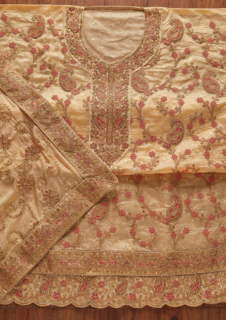 Gold Stonework Chanderi Designer Unstitched Salwar Suit - koskii
