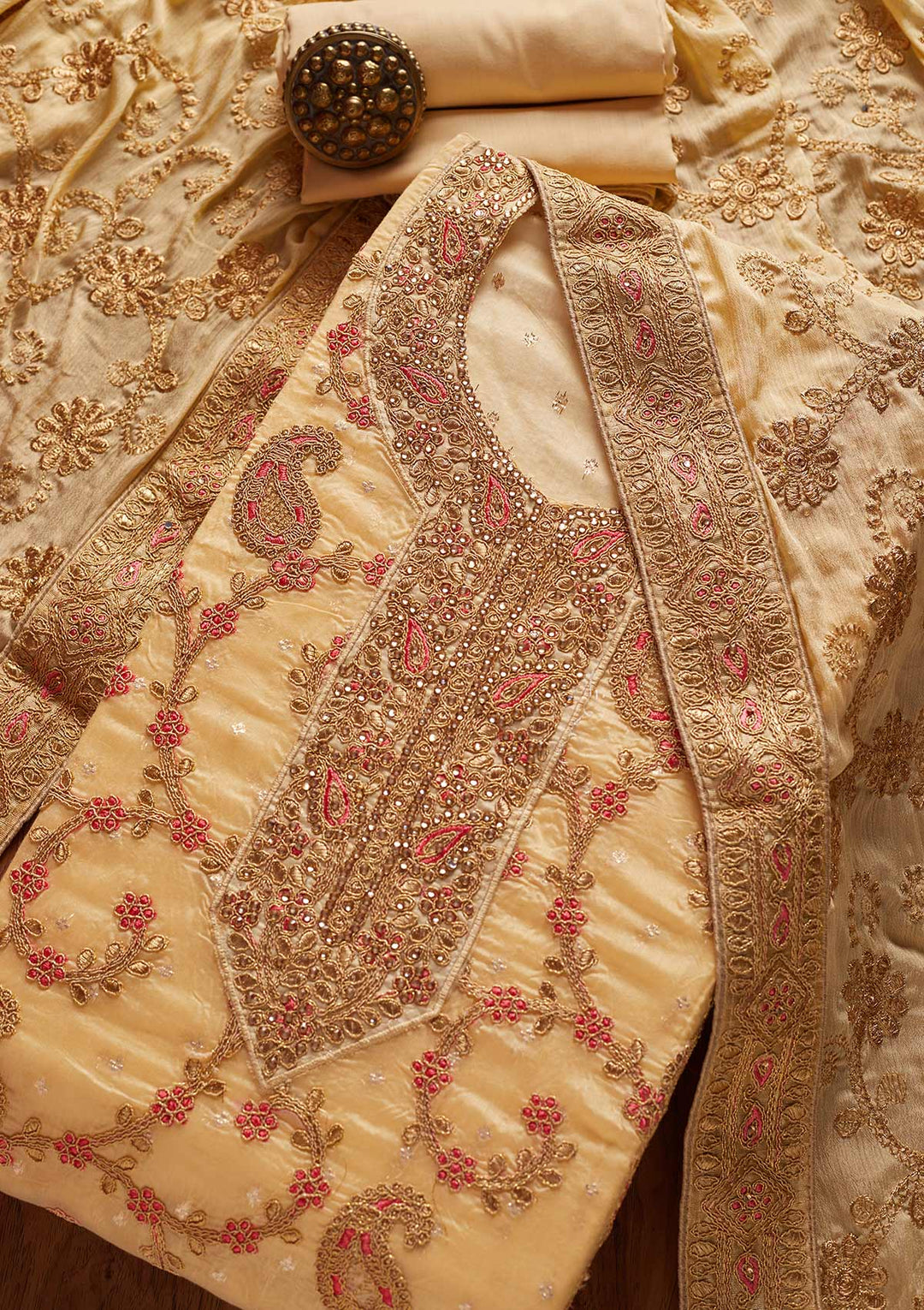 Gold Stonework Chanderi Designer Unstitched Salwar Suit - koskii