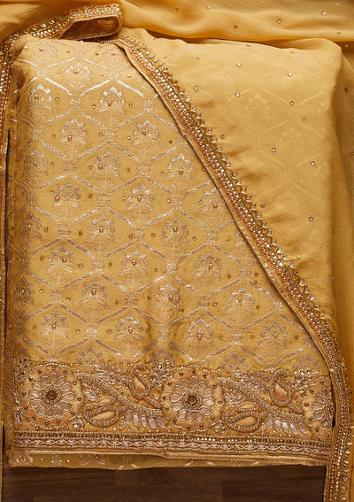 Gold Stonework Chanderi Designer Unstitched Salwar Suit - Koskii