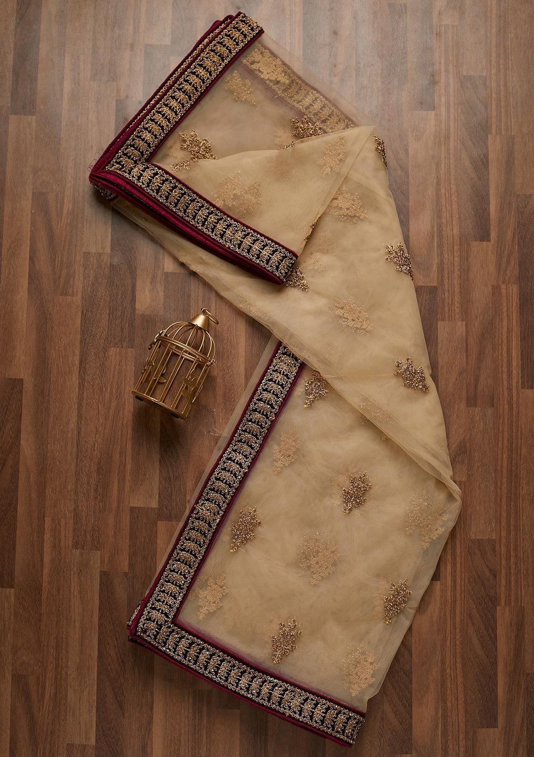 Gold Stonework Net Dupatta- Koskii