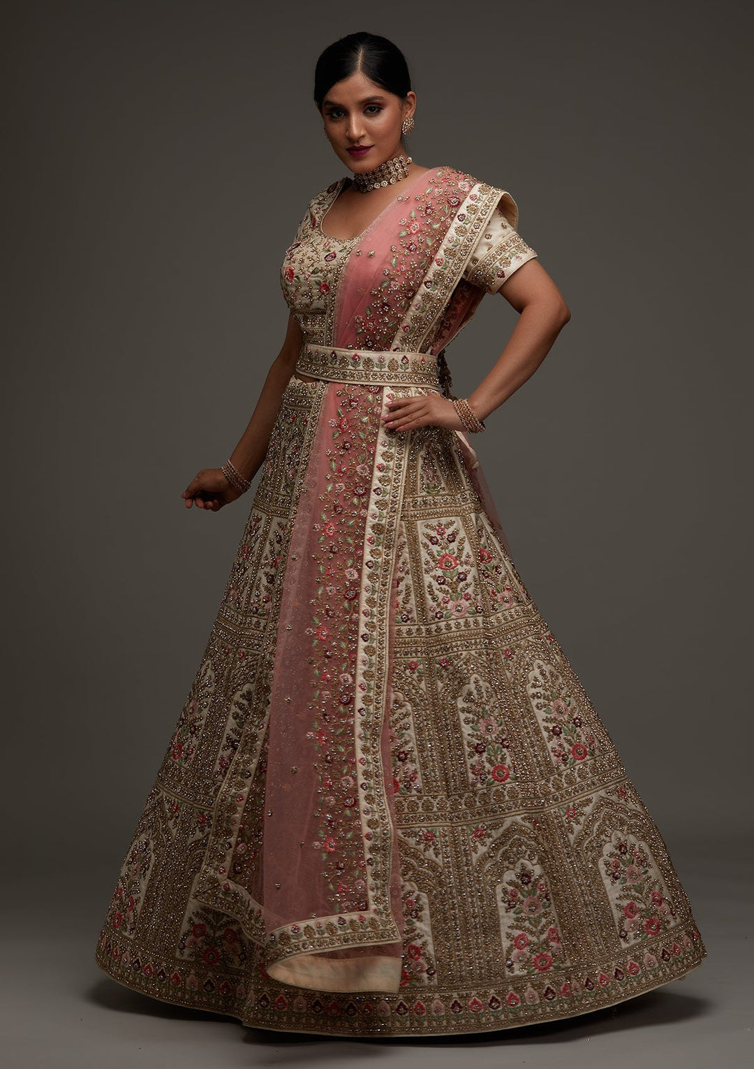 Gold Stonework Satin Designer Lehenga - Koskii