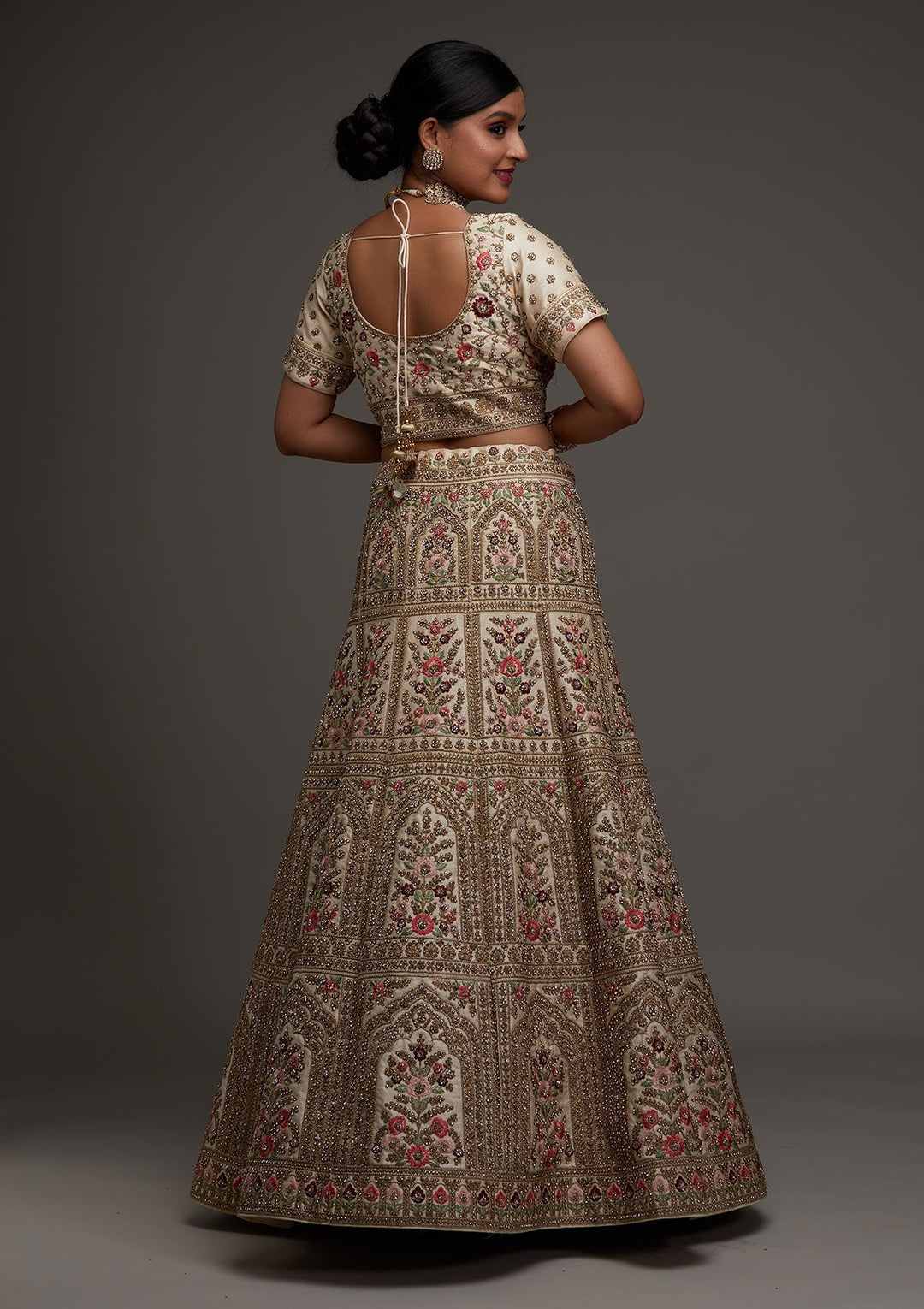 Gold Stonework Satin Designer Lehenga - Koskii