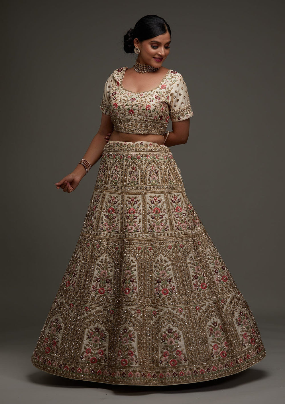 Gold Stonework Satin Designer Lehenga - Koskii