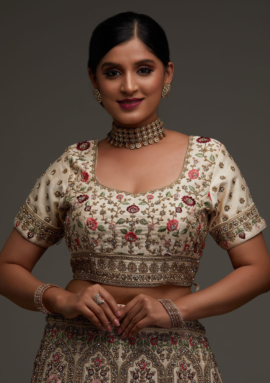 Gold Stonework Satin Designer Lehenga - Koskii