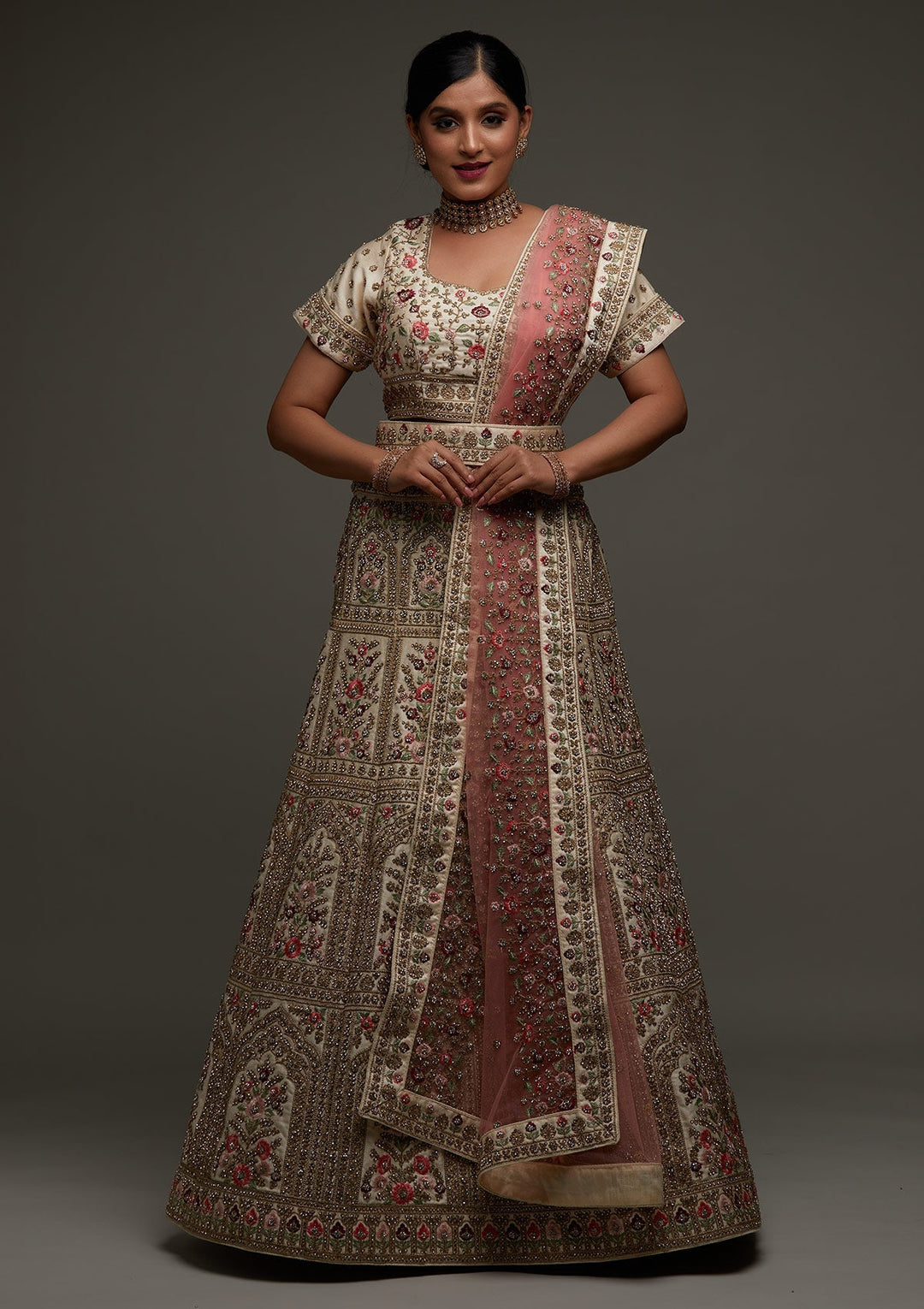 Gold Stonework Satin Designer Lehenga - Koskii