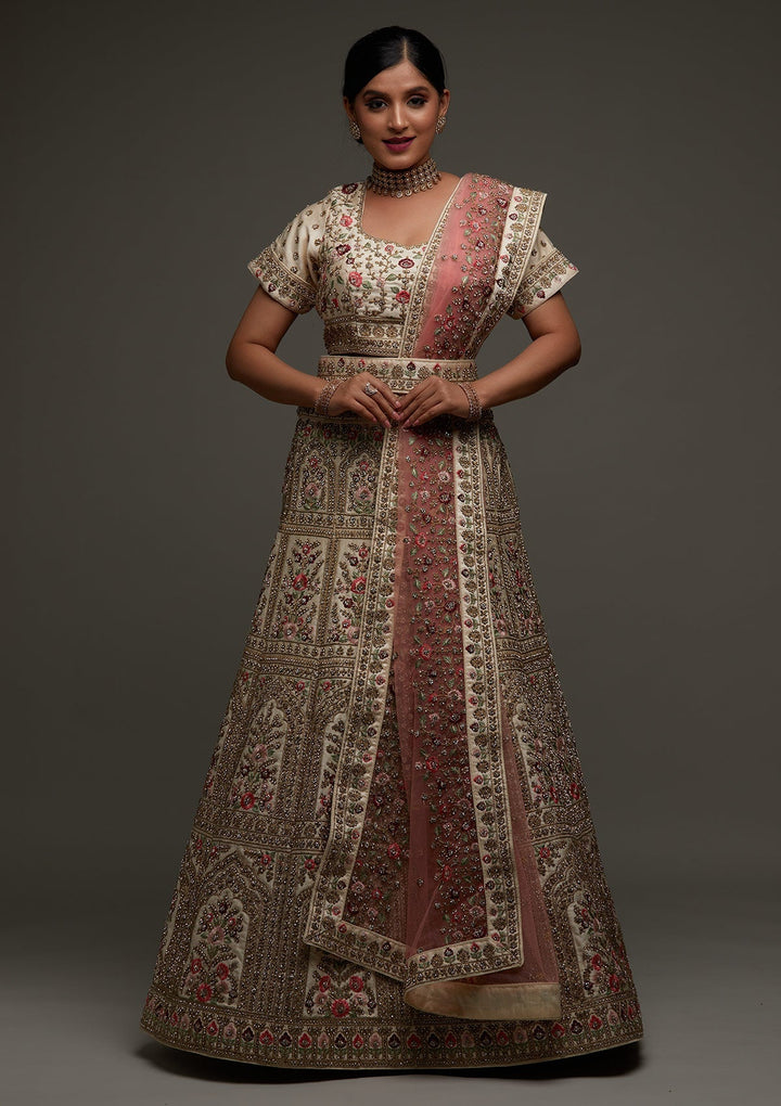 Gold Stonework Satin Designer Lehenga - Koskii
