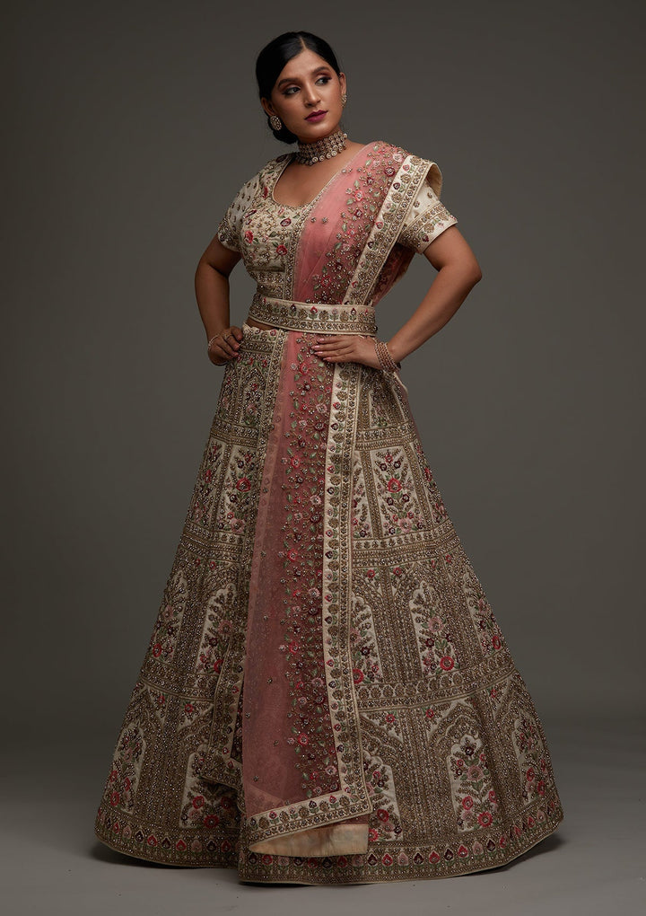 Gold Stonework Satin Designer Lehenga - Koskii
