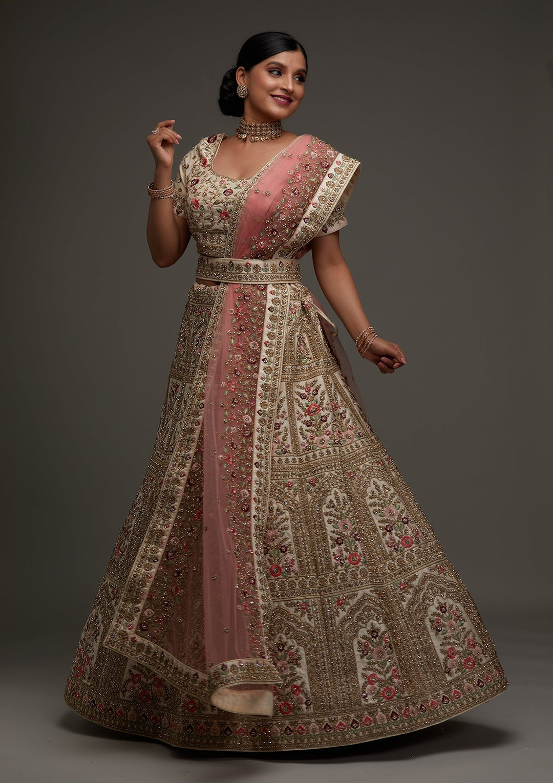 Gold Stonework Satin Designer Lehenga - Koskii