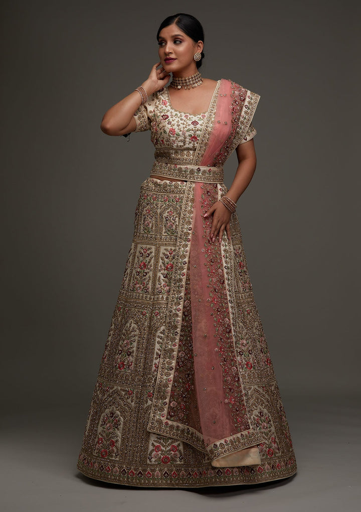 Gold Stonework Satin Designer Lehenga - Koskii