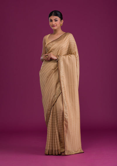 Gold Stonework Satin Unstitched Saree-Koskii