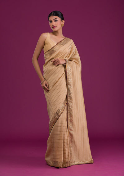 Gold Stonework Satin Unstitched Saree-Koskii