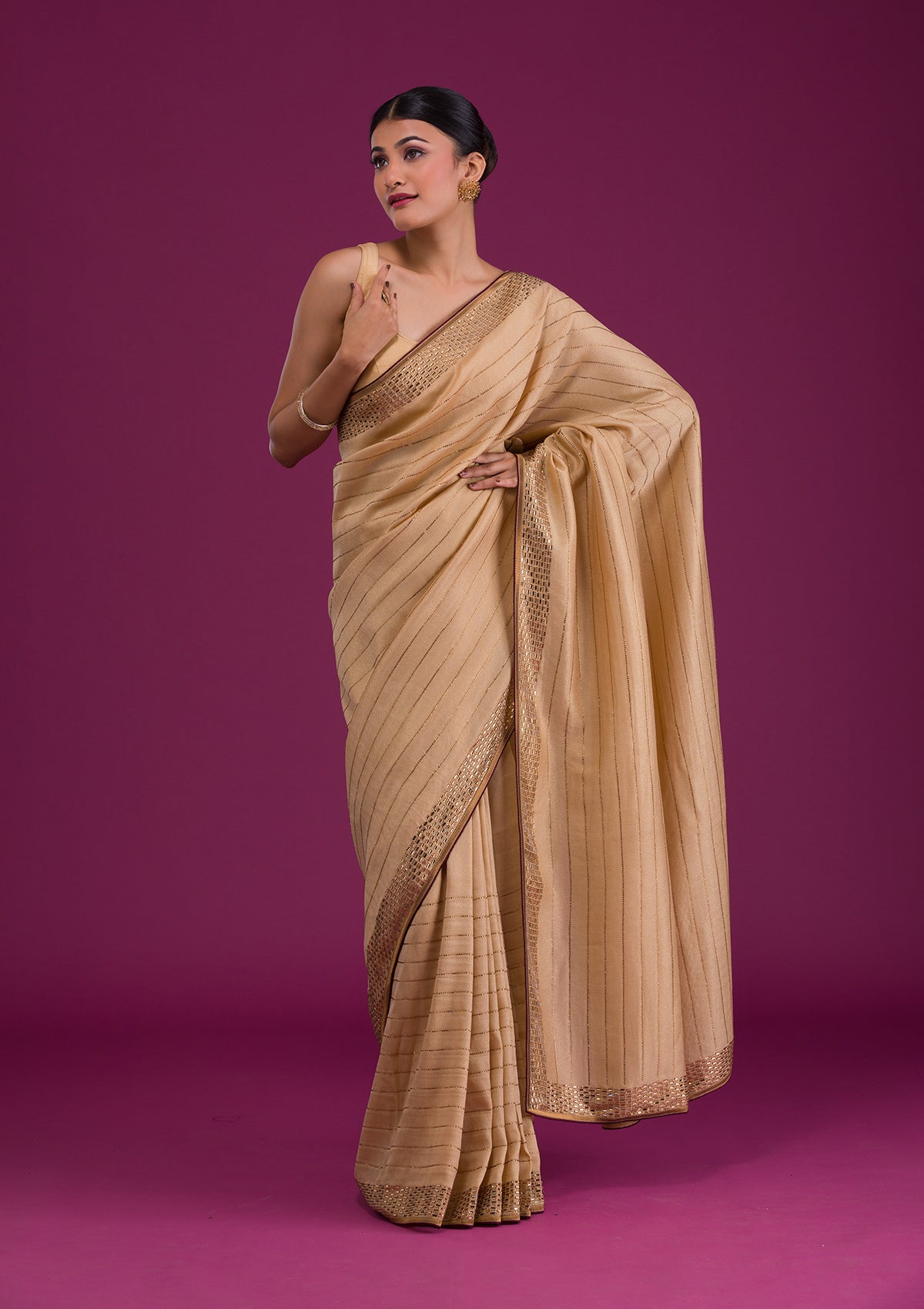 Gold Stonework Satin Unstitched Saree-Koskii