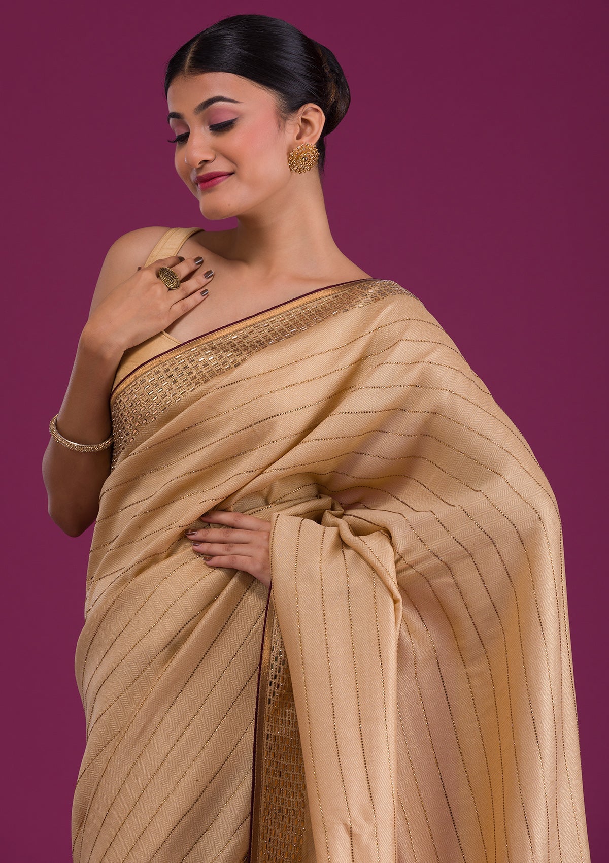 Gold Stonework Satin Unstitched Saree-Koskii