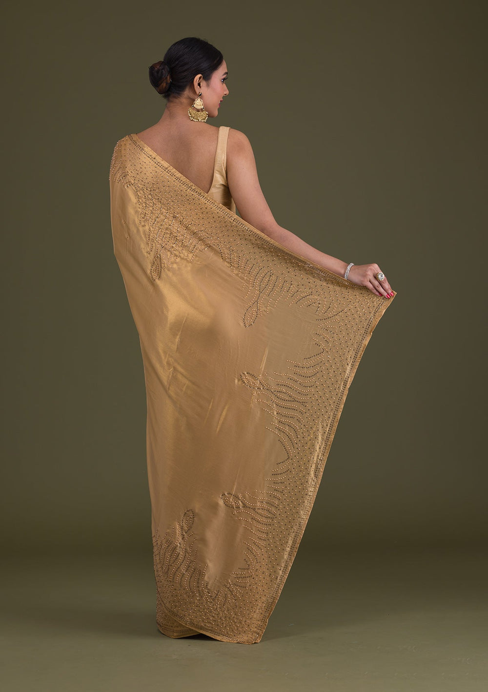 Gold Stonework Satin Saree-Koskii