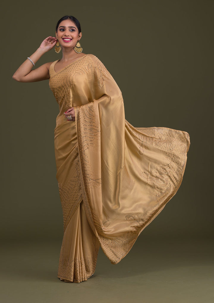 Gold Stonework Satin Saree-Koskii