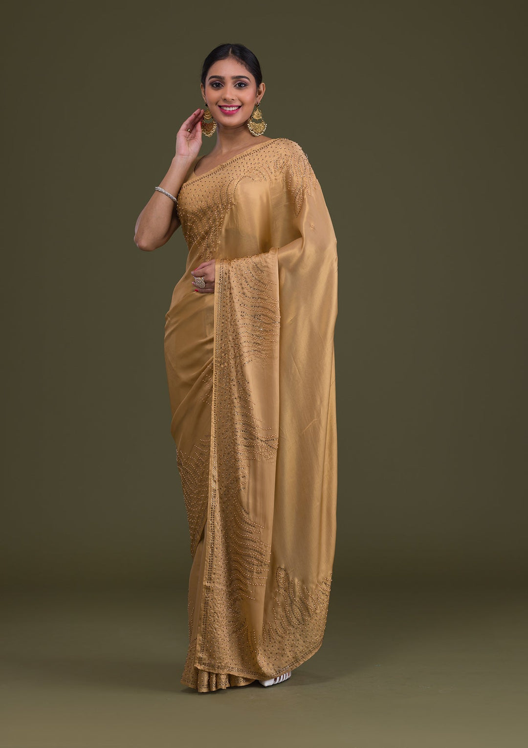 Gold Stonework Satin Saree-Koskii