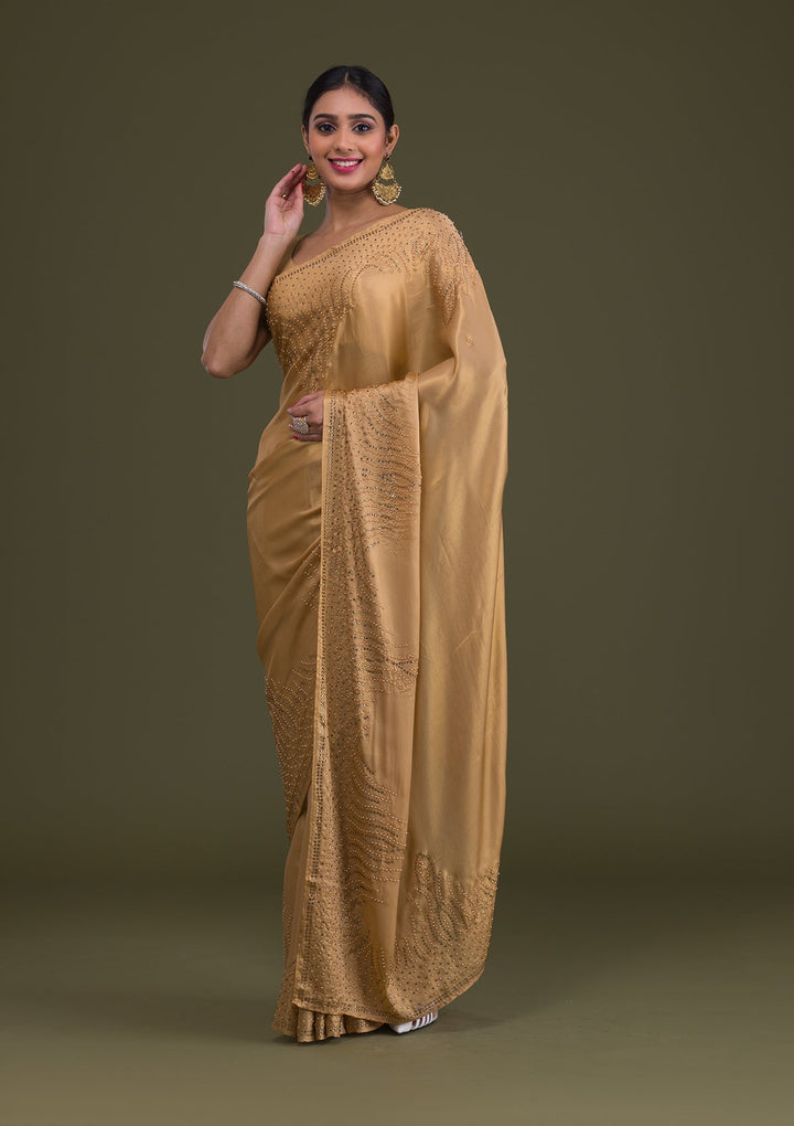 Gold Stonework Satin Saree-Koskii