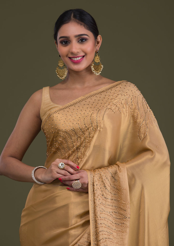 Gold Stonework Satin Saree-Koskii