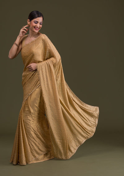 Gold Stonework Satin Saree-Koskii