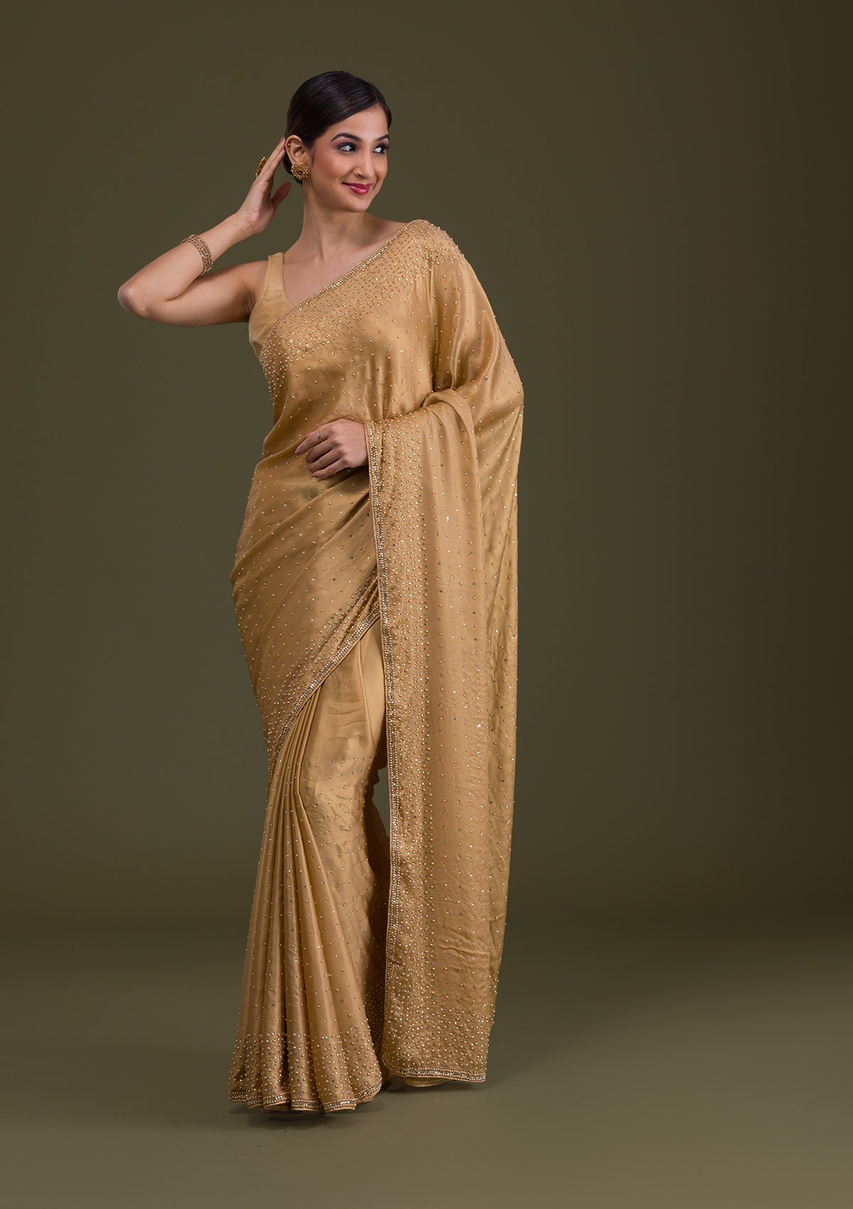 Gold Stonework Satin Saree-Koskii