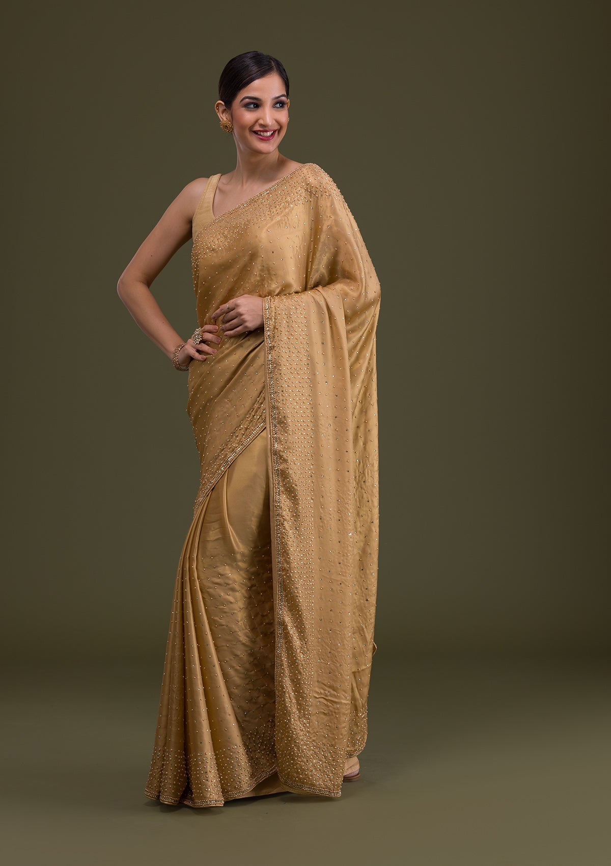 Gold Stonework Satin Saree-Koskii