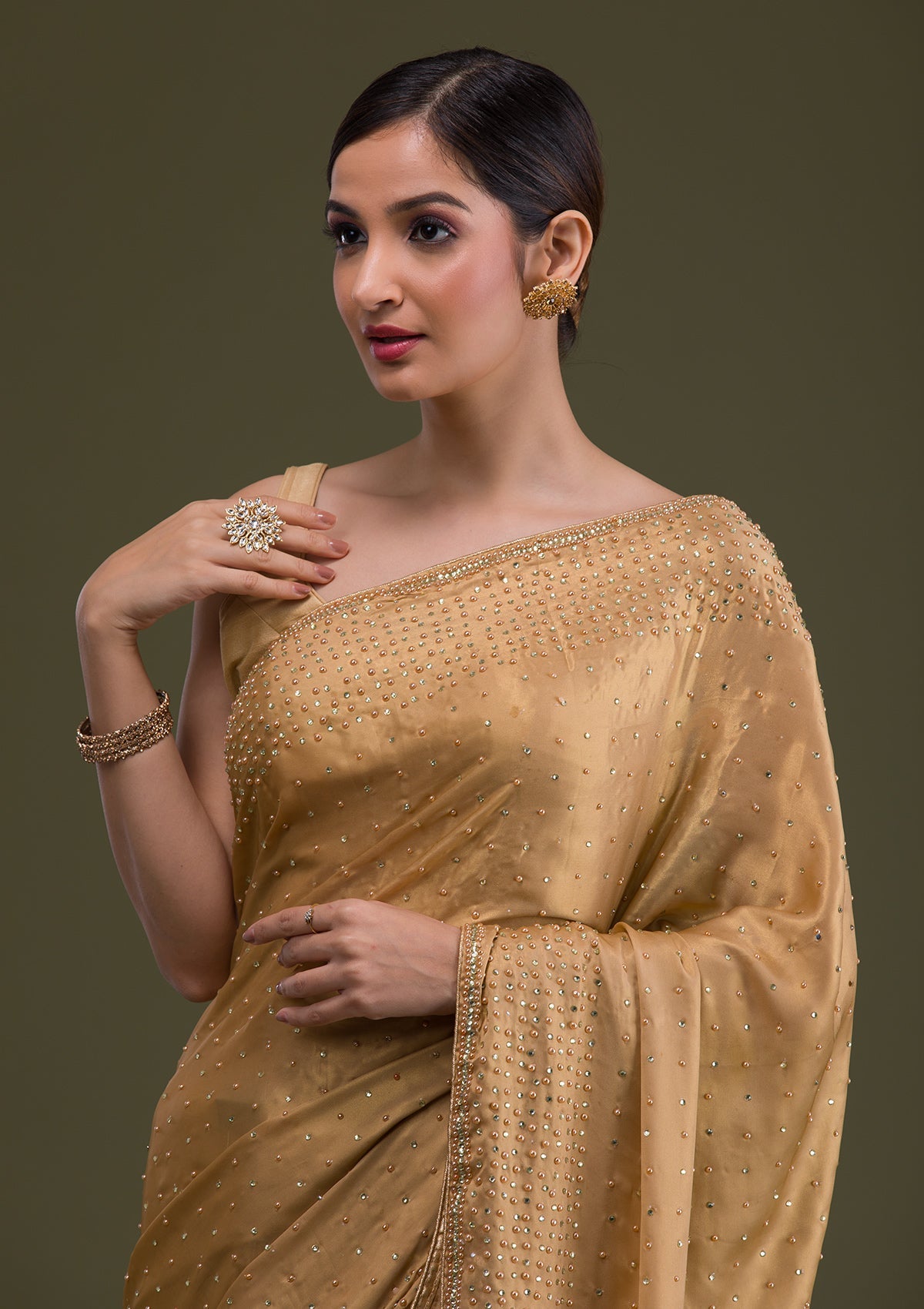 Gold Stonework Satin Saree-Koskii