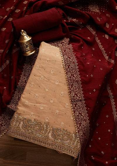 Gold Stonework Semi Crepe Designer Unstitched Salwar Suit - Koskii