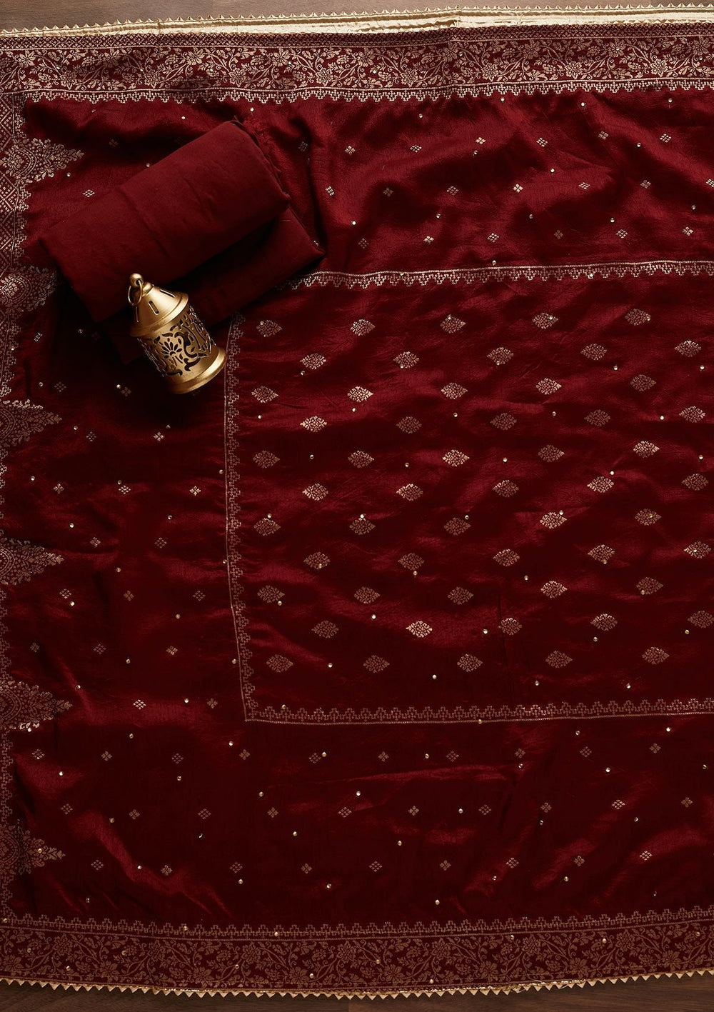 Gold Stonework Semi Crepe Designer Unstitched Salwar Suit - Koskii
