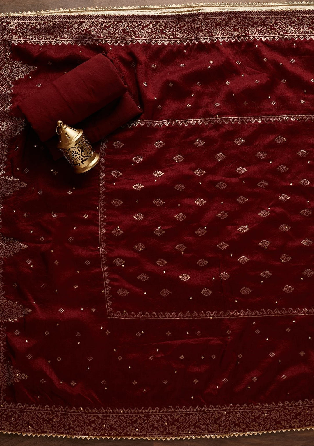 Gold Stonework Semi Crepe Designer Unstitched Salwar Suit - Koskii
