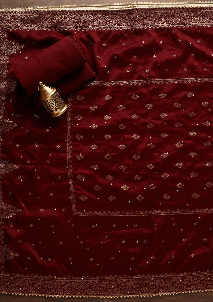 Gold Stonework Semi Crepe Designer Unstitched Salwar Suit - Koskii