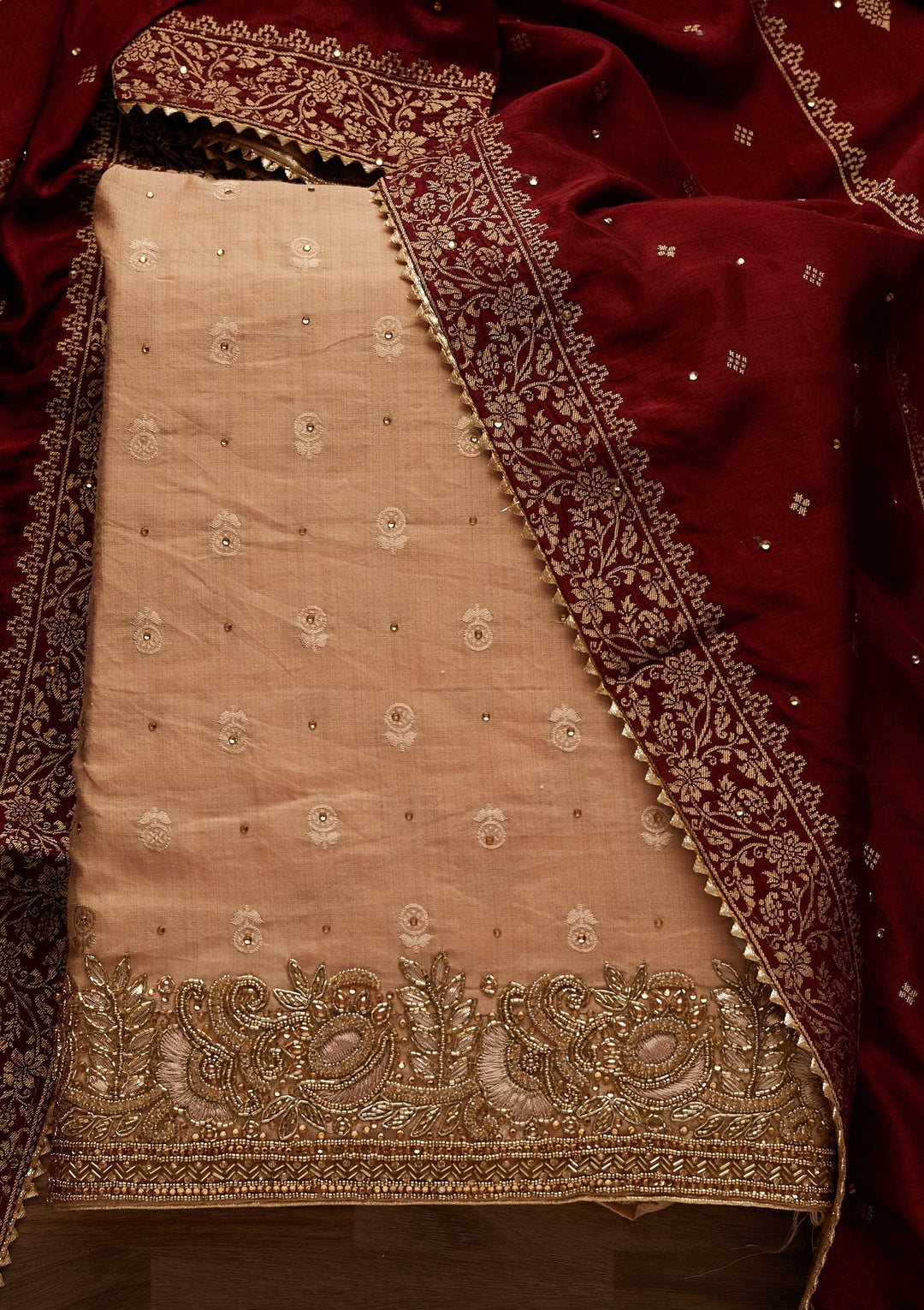 Gold Stonework Semi Crepe Designer Unstitched Salwar Suit - Koskii