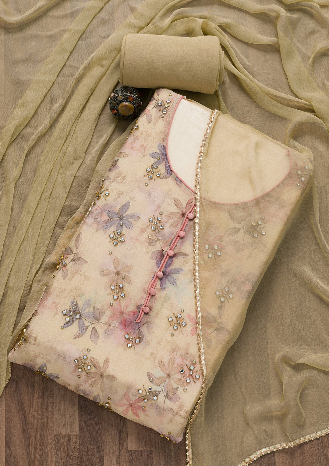 Gold Semi Crepe Stonework Unstitched Salwar Suit-koskii