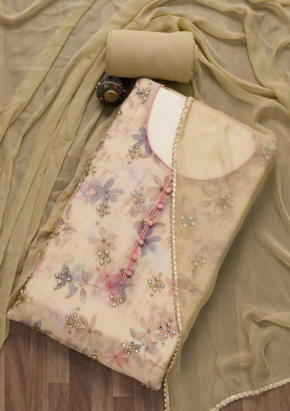 Gold Semi Crepe Stonework Unstitched Salwar Suit-koskii