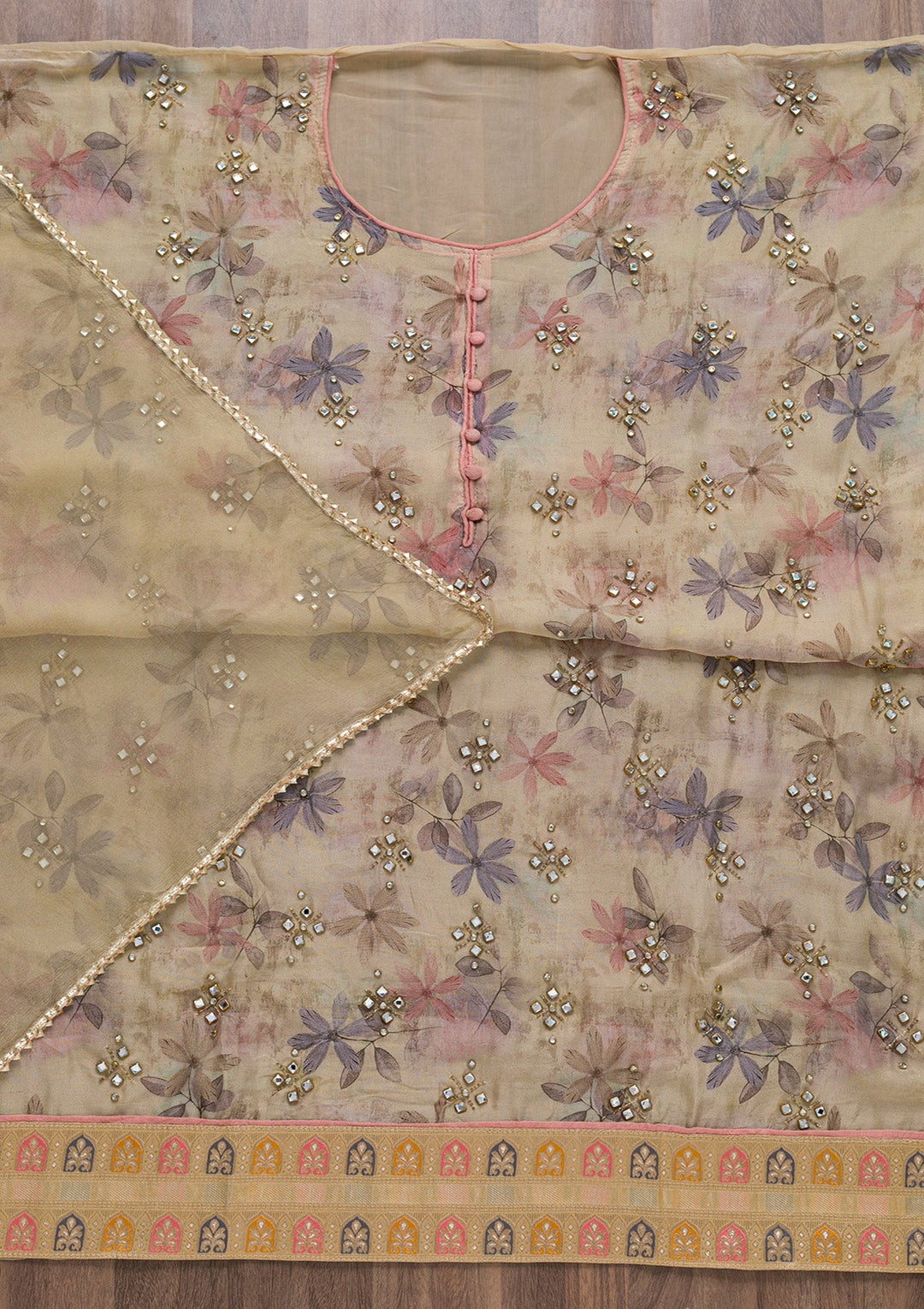 Gold Semi Crepe Stonework Unstitched Salwar Suit-koskii