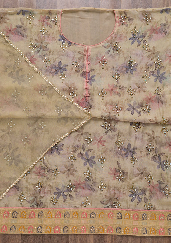 Gold Semi Crepe Stonework Unstitched Salwar Suit-koskii