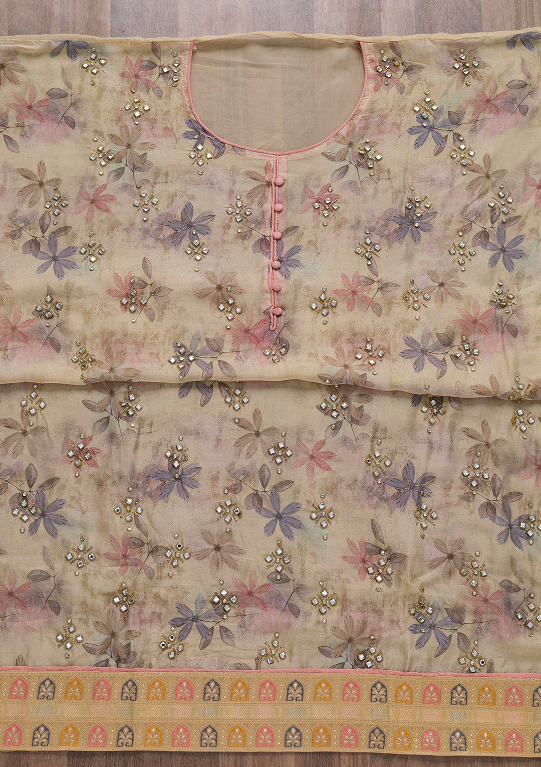 Gold Semi Crepe Stonework Unstitched Salwar Suit-koskii