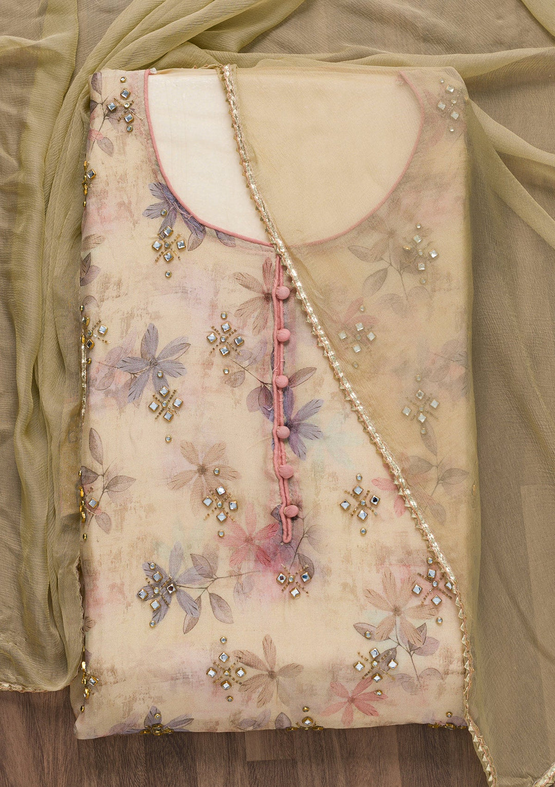 Gold Semi Crepe Stonework Unstitched Salwar Suit-koskii