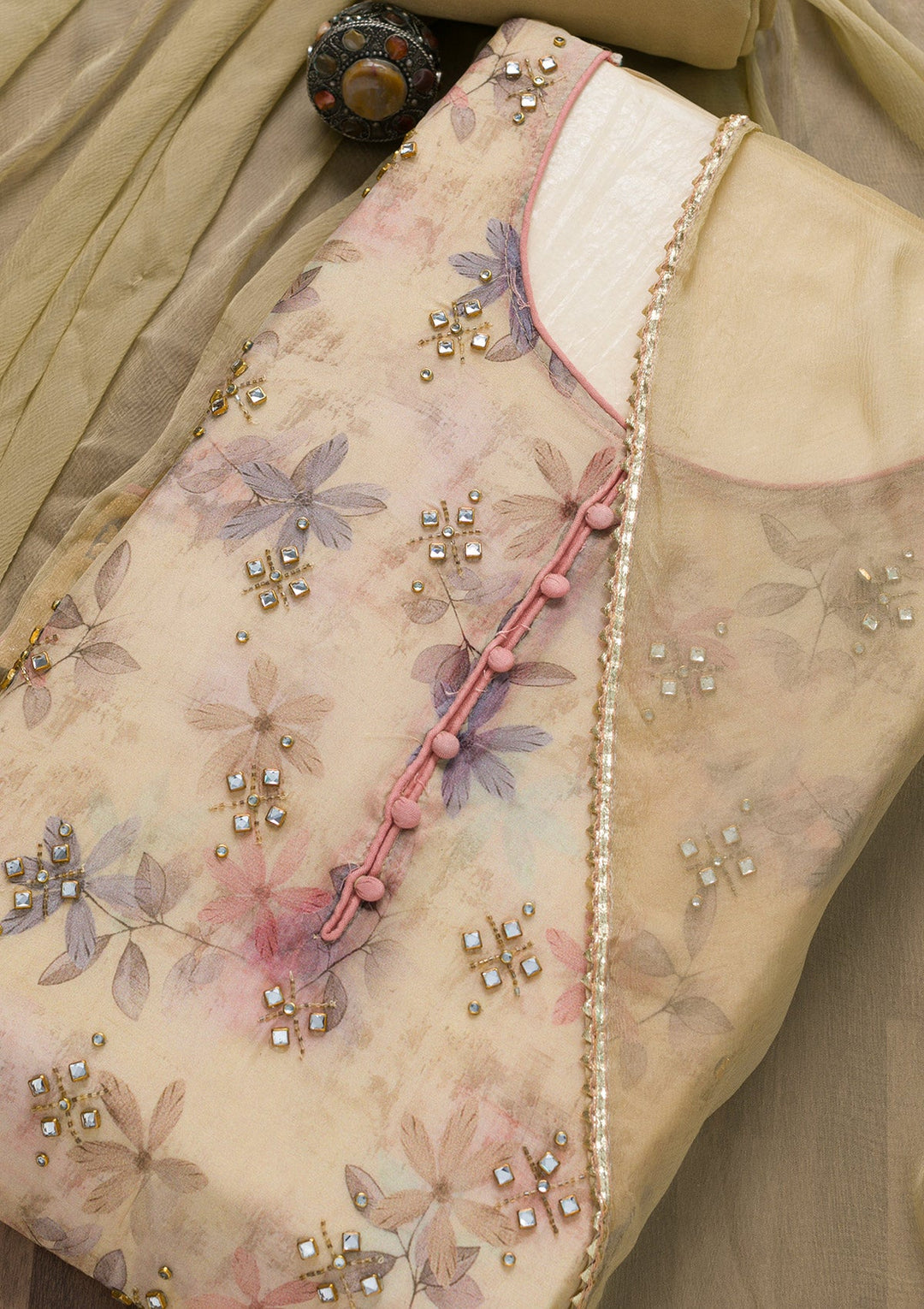 Gold Semi Crepe Stonework Unstitched Salwar Suit-koskii