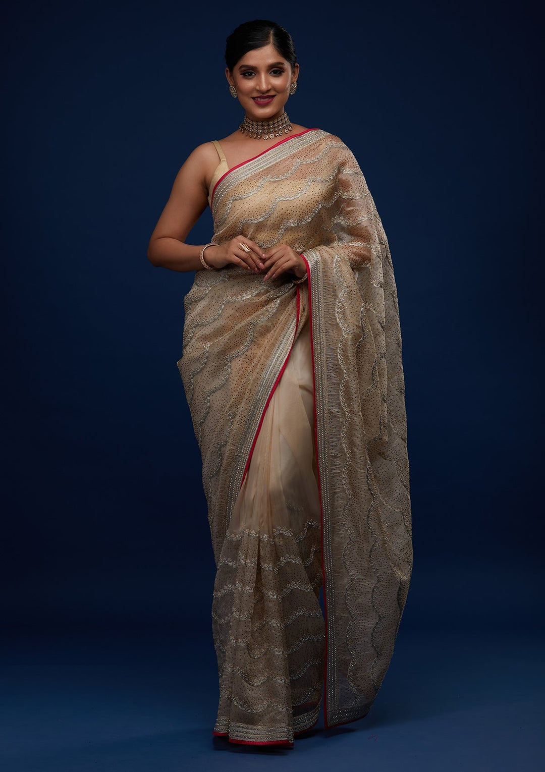 Gold Stonework Tissue Designer Saree - Koskii
