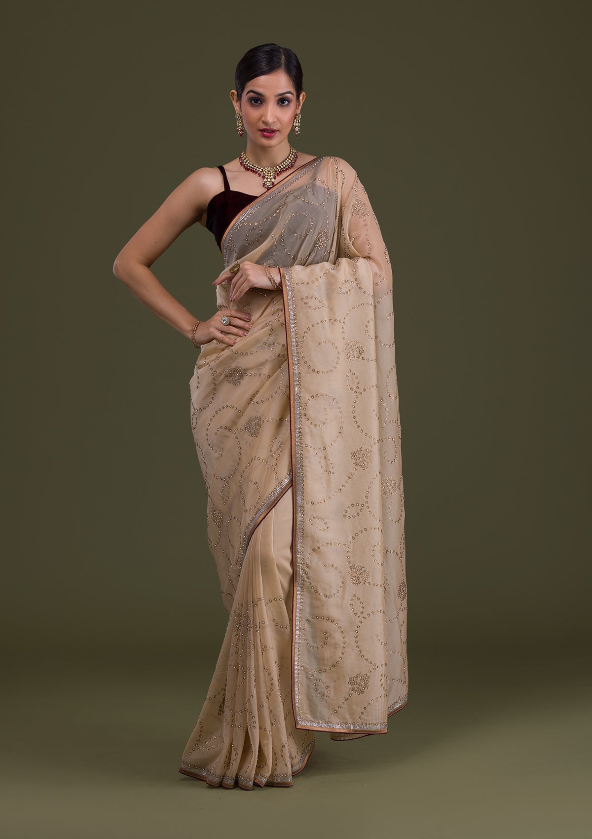 Gold Stonework Tissue Saree-Koskii