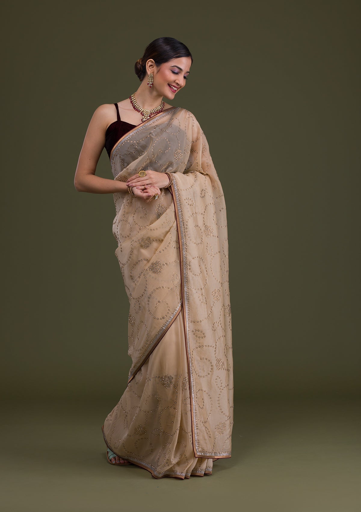 Gold Stonework Tissue Saree-Koskii