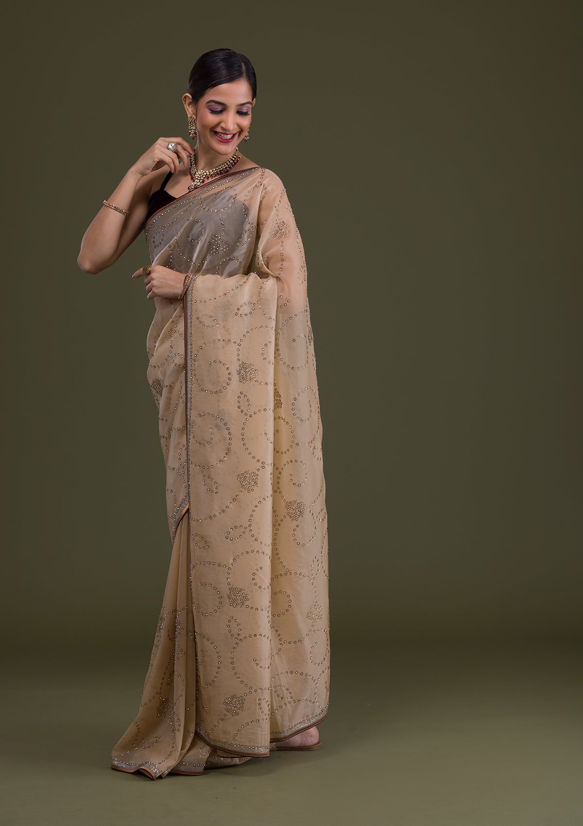 Gold Stonework Tissue Saree-Koskii