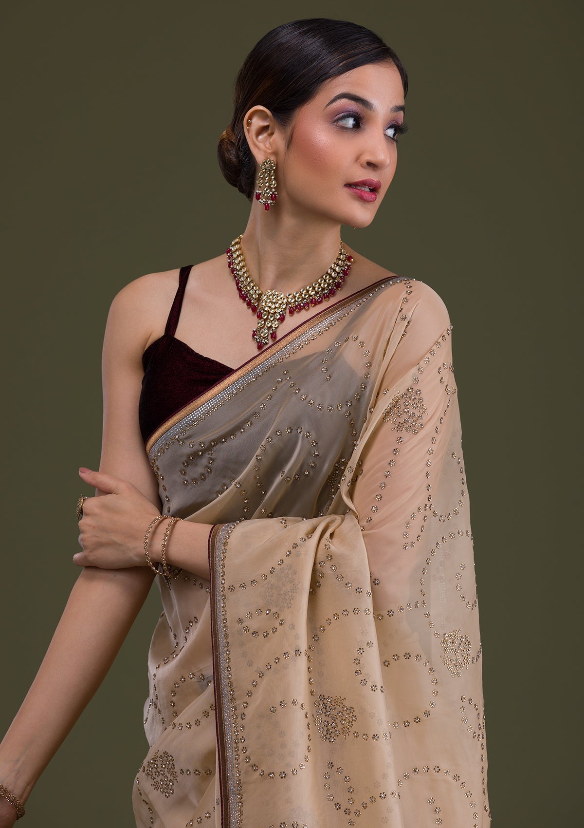 Gold Stonework Tissue Saree-Koskii