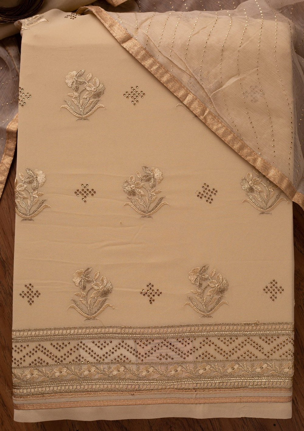 Gold Swarovski Georgette Designer Unstitched Salwar Suit - koskii