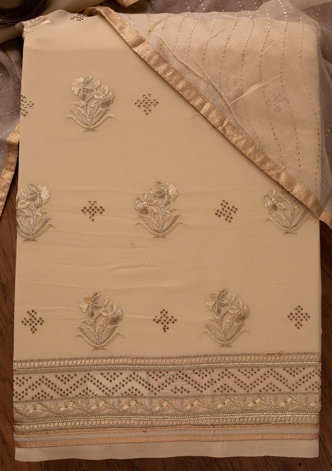 Gold Swarovski Georgette Designer Unstitched Salwar Suit - koskii