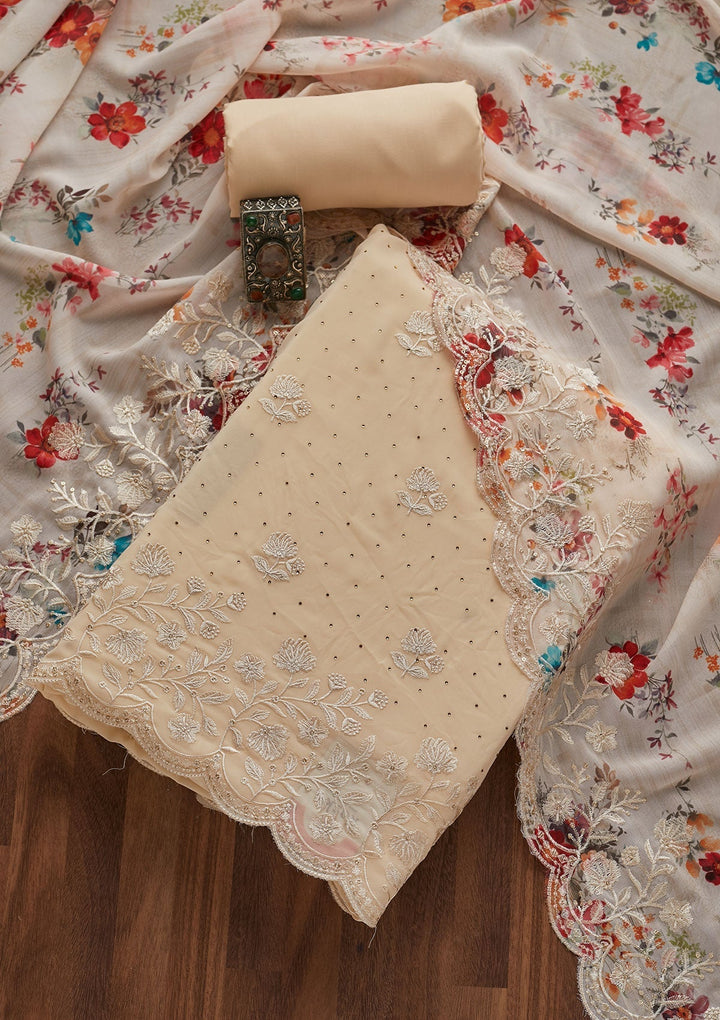 Gold Swarovski Georgette Designer Unstitched Salwar Suit - Koskii