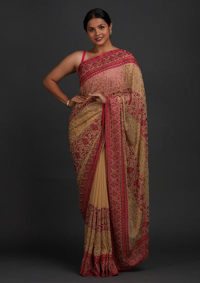 Gold Swarovski Georgette Designer Saree - Koskii