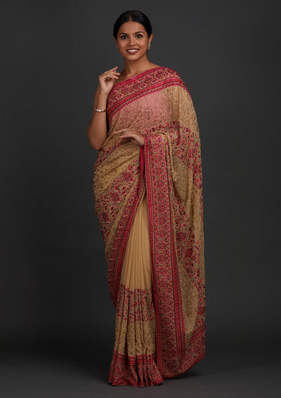 Gold Swarovski Georgette Designer Saree - Koskii