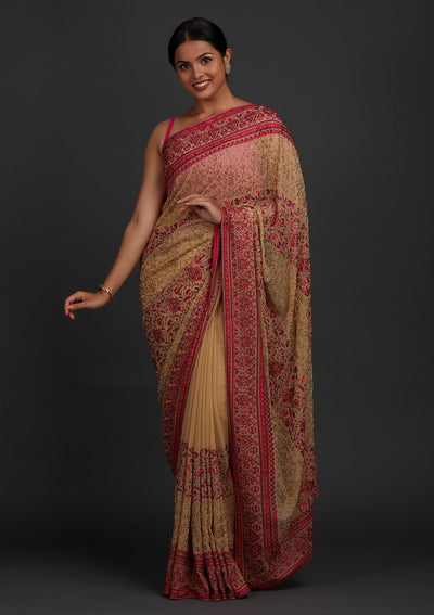 Gold Swarovski Georgette Designer Saree - Koskii